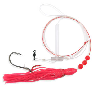 Aqua-Clear, Adj Tandem Rig, Flndr/Fluke/SeaTrout/Croaker, 5/0 Blk Nckl Oct Hook, AFW Swv, 40 lb/18.1 kg GS Mono, T-Standoff, 4 in/6.2 cm Heart Burn Pink Glitter Squid