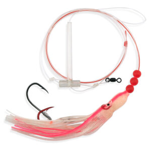 Aqua-Clear, Adj Tandem Rig, Flndr/Fluke/SeaTrout/Croaker, 5/0 Blk Nckl Oct Hook, AFW Swv, 40 lb/18.1 kg GS Mono, T-Standoff, 4 in/6.2 cm Streaker Pink Pink & White Squid
