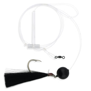 Aqua-Clear, Blood Worm Teaser Rig, Striped Bass / Rockfish / Drum, 7/0 Nickel Octopus Hook, AFW Swivel, 60 lb / 27.2 Grand Slam Mono, T-Standoff, Black Float, Black Hair